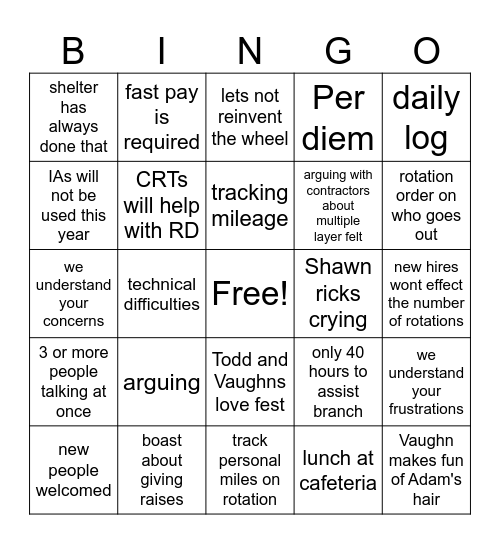 CRT Meeting Bingo Card