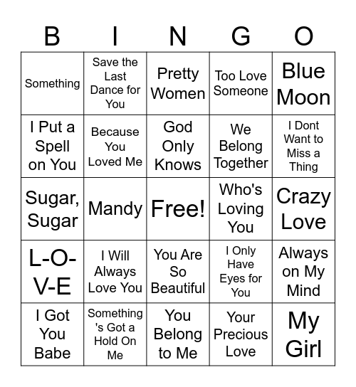 Bingo Love Songs Bingo Card
