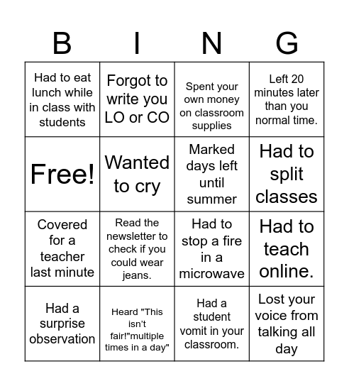Teacher Bingo Card