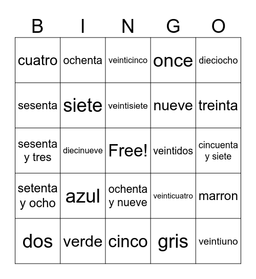 numeros y colores Bingo Card