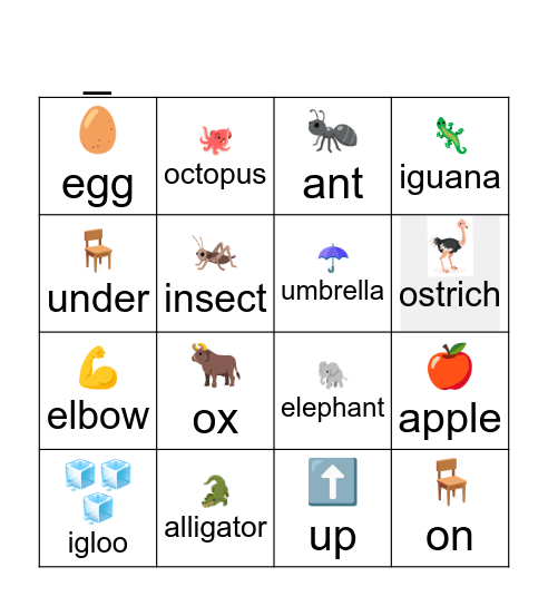 a , e , i , o , u Bingo Card