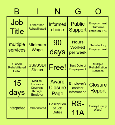 VR Closures Bingo Card