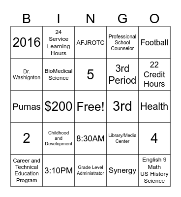 Wise High School 9th Grade Academy Bingo Card