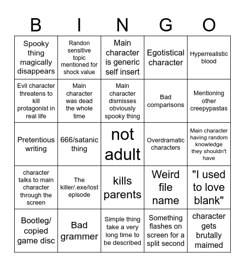 Creepypasta Bingo Card