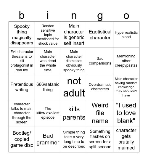 Creepypasta Bingo Card