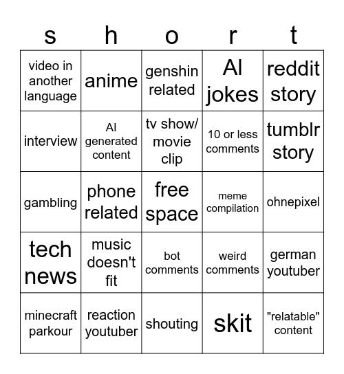 yt shorts bingo Card