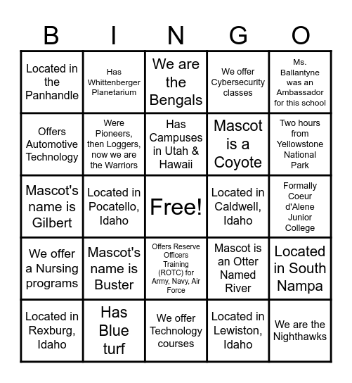 College Fair Bingo Card
