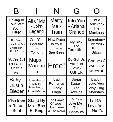 ❤️Love Song Bingo❤️ Bingo Card