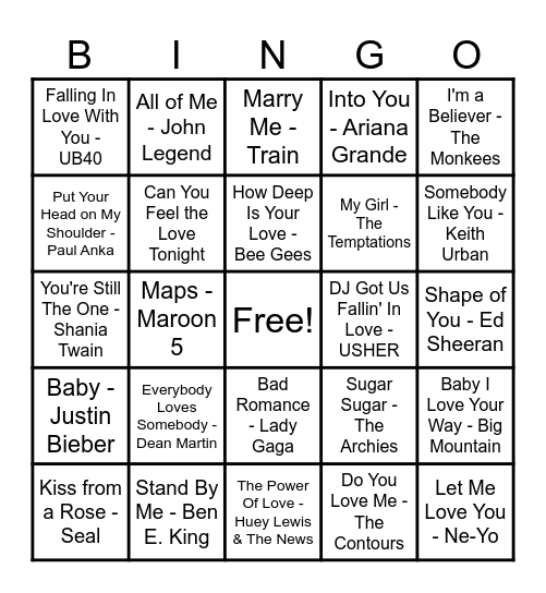 ❤️Love Song Bingo❤️ Bingo Card