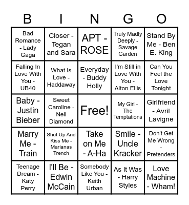 ❤️Love Song Bingo❤️ Bingo Card