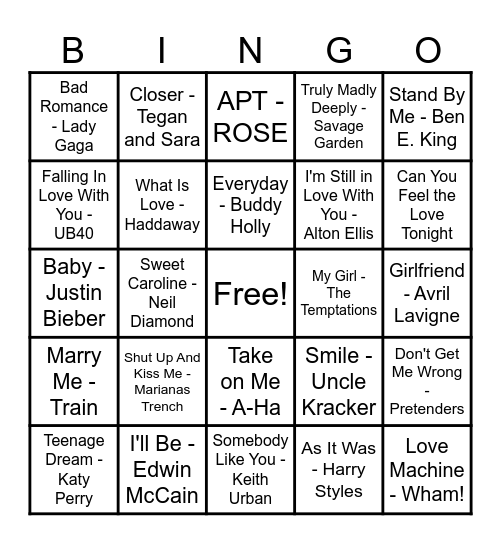❤️Love Song Bingo❤️ Bingo Card