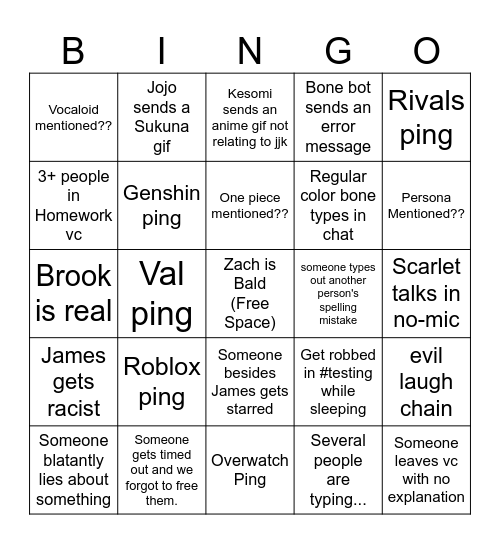 Bone Server Bingo Card