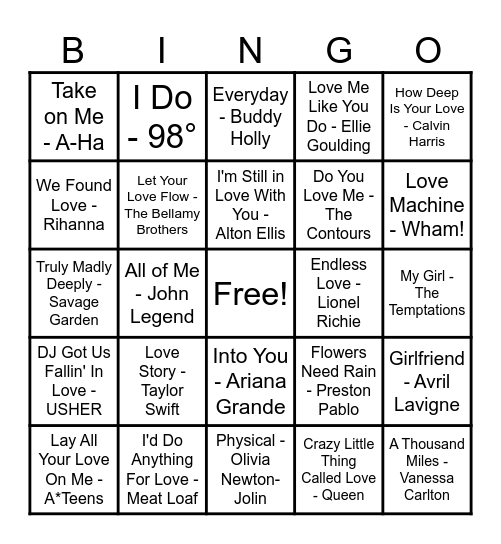 ❤️Love Song Bingo❤️ Bingo Card