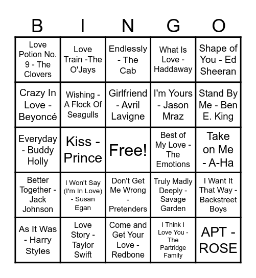 ❤️Love Song Bingo❤️ Bingo Card
