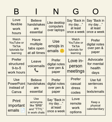 Generation Gap Bingo – Workplace Edition Bingo Card
