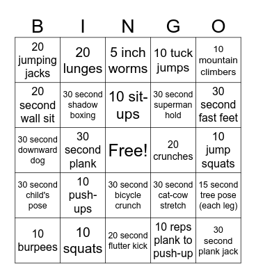 Exercise Bingo Card