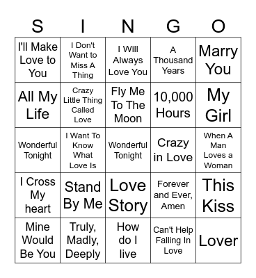Love Song Singo Bingo Card