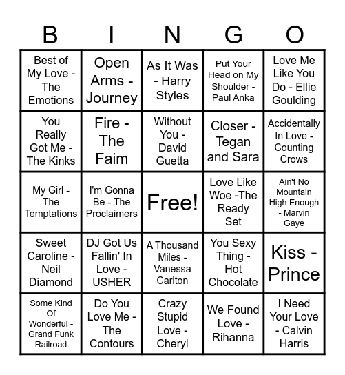 ❤️Love Song Bingo❤️ Bingo Card
