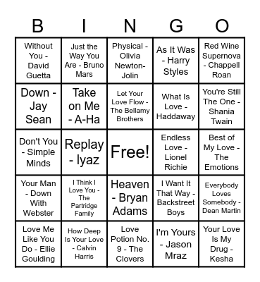 ❤️Love Song Bingo❤️ Bingo Card