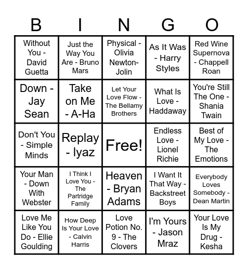 ❤️Love Song Bingo❤️ Bingo Card