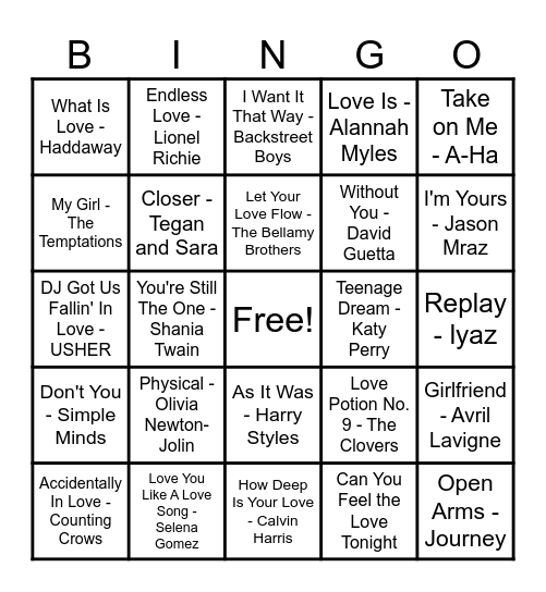 ❤️Love Song Bingo❤️ Bingo Card