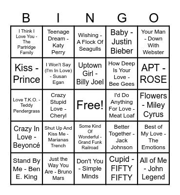 ❤️Love Song Bingo❤️ Bingo Card