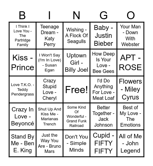 ❤️Love Song Bingo❤️ Bingo Card
