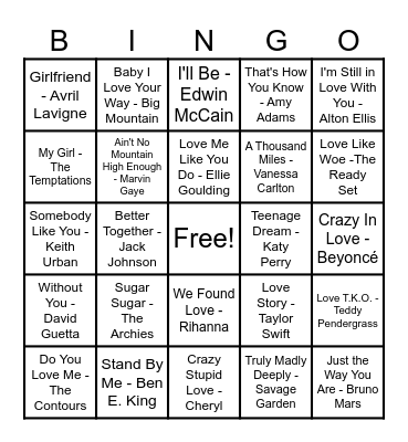 ❤️Love Song Bingo❤️ Bingo Card