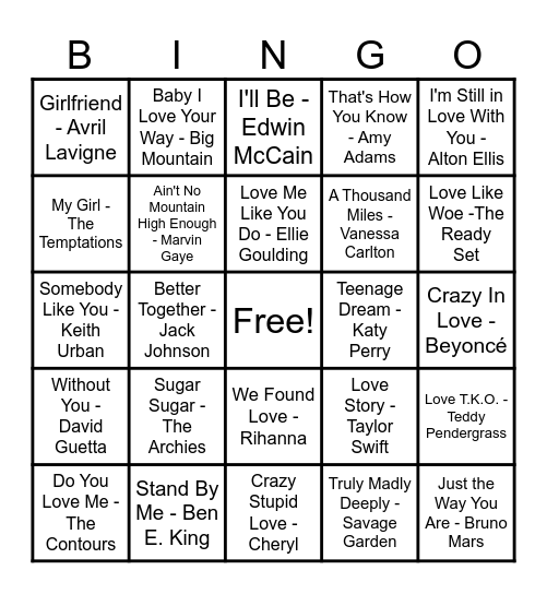 ❤️Love Song Bingo❤️ Bingo Card