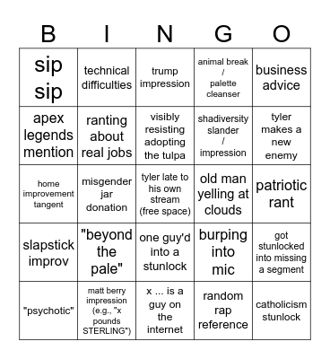 Westside Tyler Livestream Bingo Card