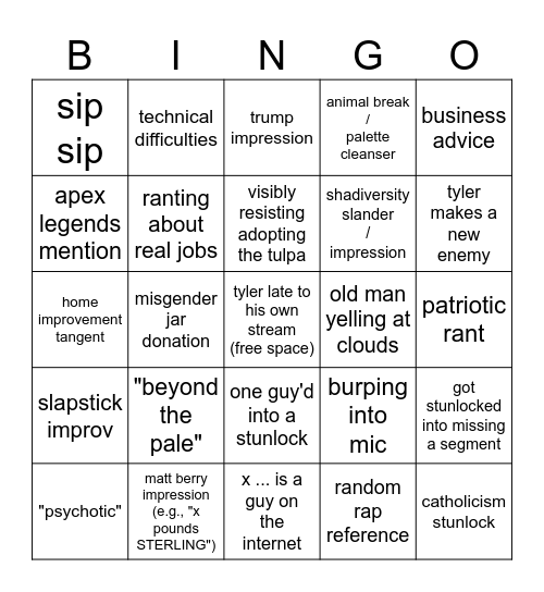 Westside Tyler Livestream Bingo Card