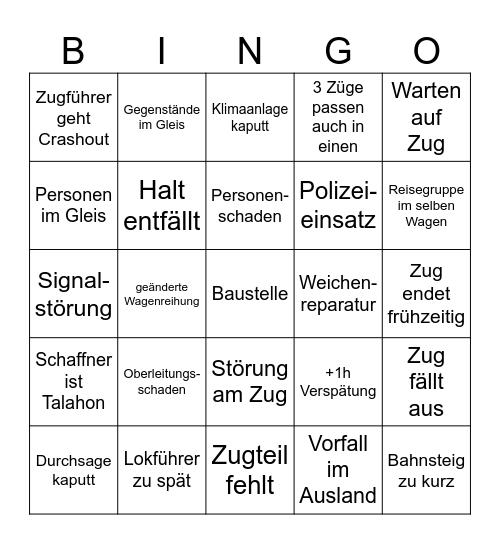 Bahn Bingo Card