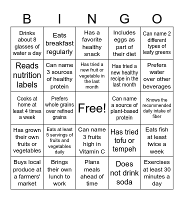 Nutrition BINGO Card