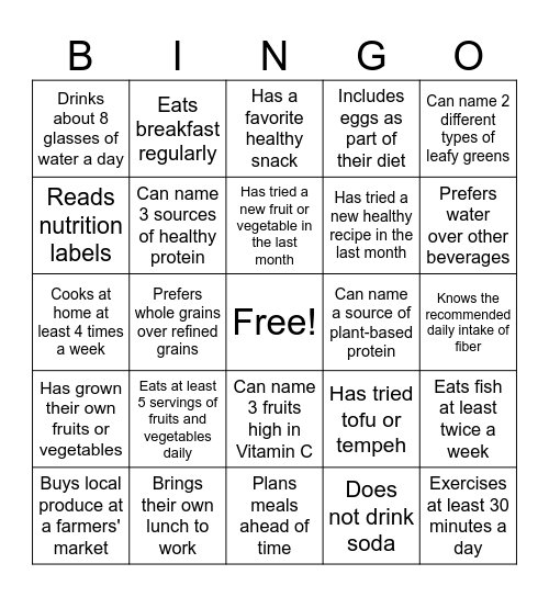 Nutrition BINGO Card