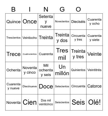 Números del UNO a UN MILLÓN Bingo Card