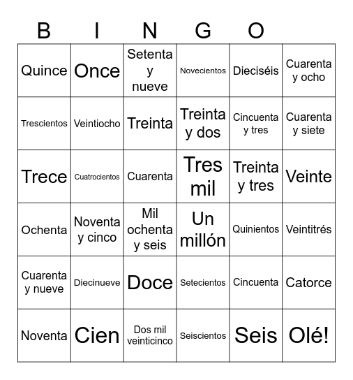 Números del UNO a UN MILLÓN Bingo Card
