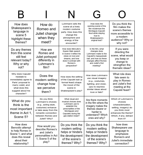 Romeo and Juliet Diagnostic 2 Bingo Card