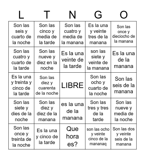 LO TENGO:  Time in Spanish Bingo Card