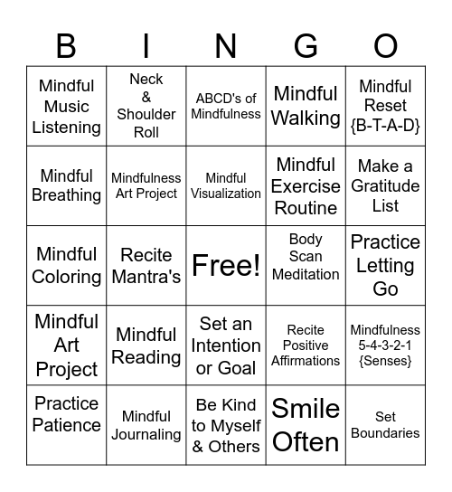 Mindfulness Bingo Card
