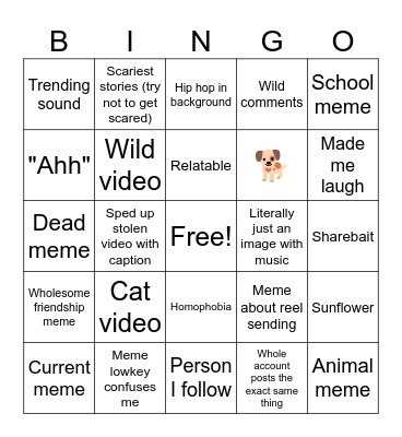 Instagram reels bingo Card