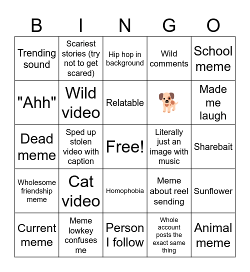 Instagram reels bingo Card