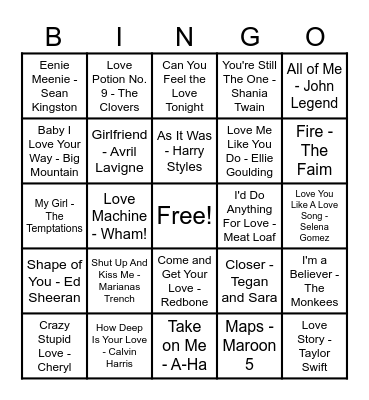 ❤️Love Song Bingo❤️ Bingo Card
