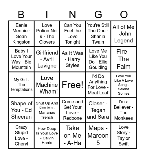 ❤️Love Song Bingo❤️ Bingo Card