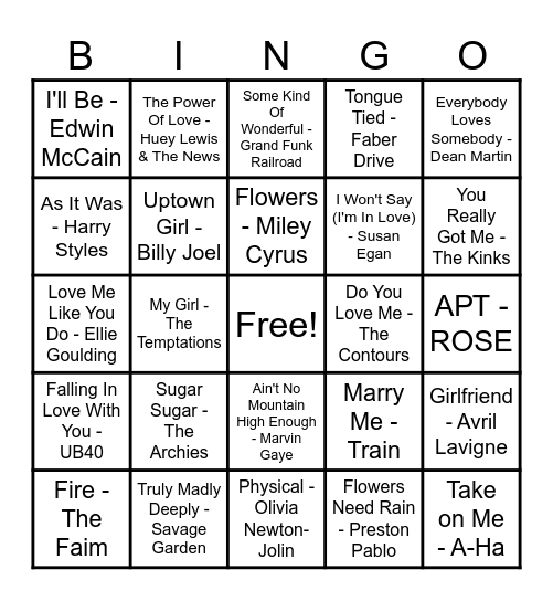 ❤️Love Song Bingo❤️ Bingo Card