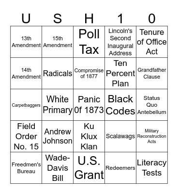 SSUSH10 Reconstruction Bingo Card