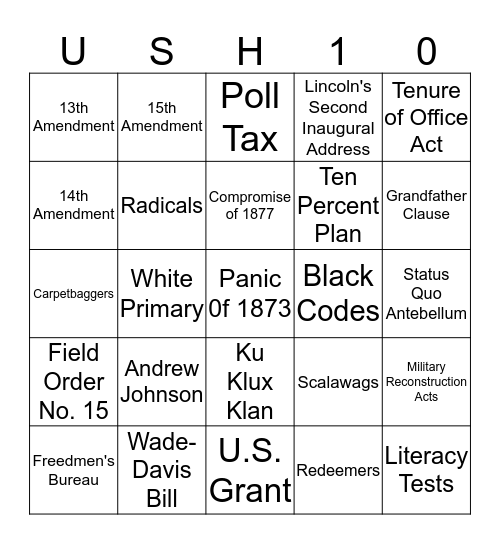 SSUSH10 Reconstruction Bingo Card