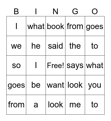 Heart Word Bingo Card