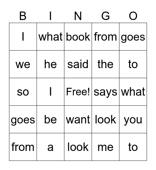 Heart Word Bingo Card