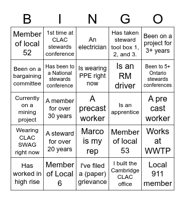 CLAC Construction Bingo Card