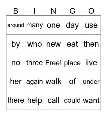 Unit 2 High Frequency Words Bingo Card
